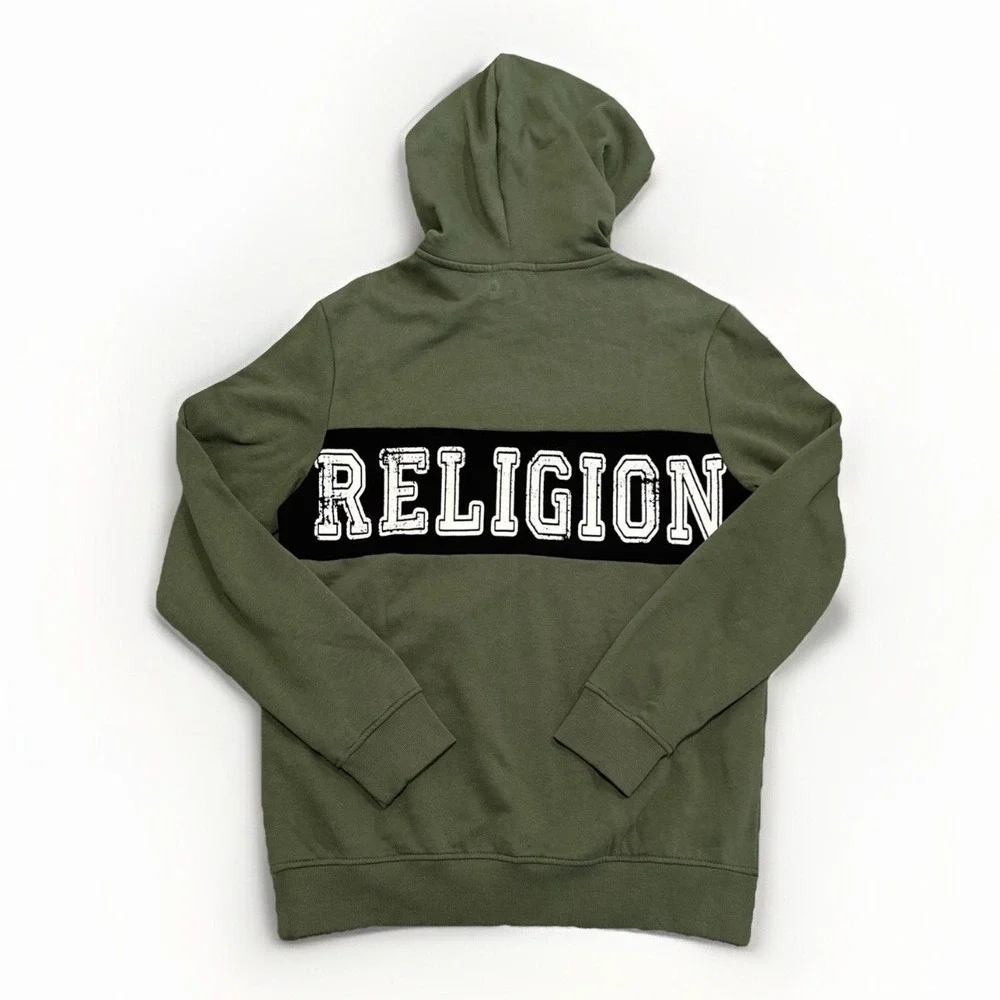 True Religion Contrast Panel Hoodie Mens M Bronze Green Logo Pullover NWT $119